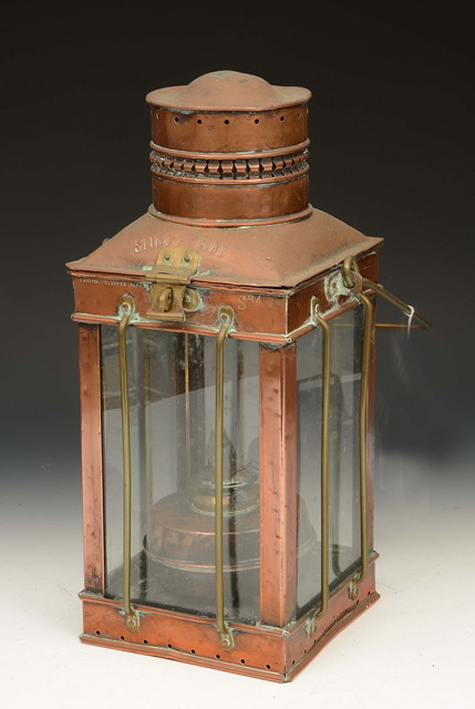 Appraisal: A COPPER FOUR GLASS SHIPS LANTERN with pierced circular louver