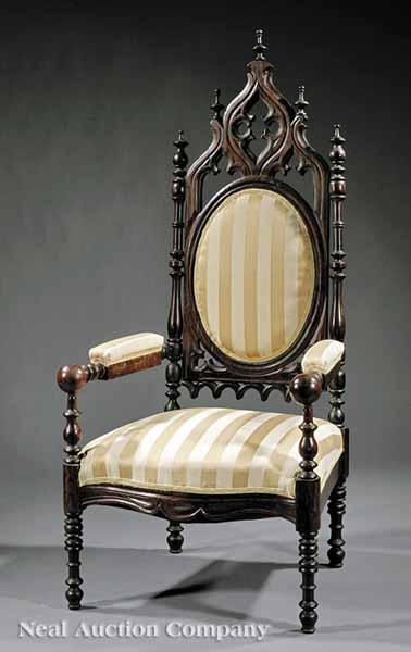 Appraisal: An American Gothic Carved Rosewood-Grained Armchair quatrefoil pierced crest with