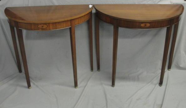 Appraisal: Pair of Inlaid and Mahogany Demilune Tables with Kentucky Label