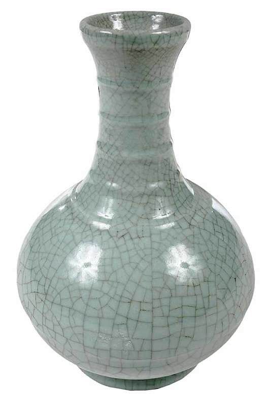 Appraisal: Chinese Celadon Crackle Vase modern vase with ribbed neck has