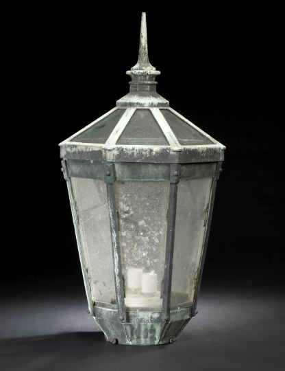 Appraisal: Large English Verdigris-Patinated Copper Brass and Glass Tapered Octagonal Lantern