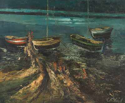 Appraisal: Painting Signed Gabriell Fishing boats Oil on canvas signed in