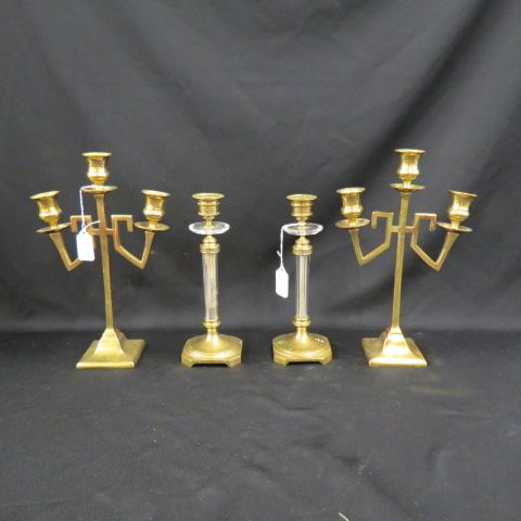 Appraisal: Pair of Brass Crystal Candlesticks and a pair of brass