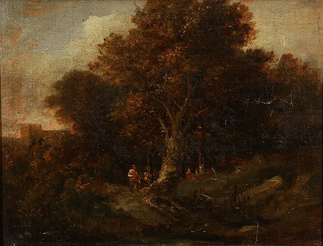 Appraisal: C C Figures in a woodland with distant castle signed