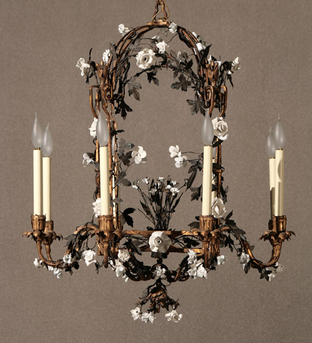 Appraisal: Continental Rococo Style White Porcelain Mounted Gilt Wrought Iron Eight-Light