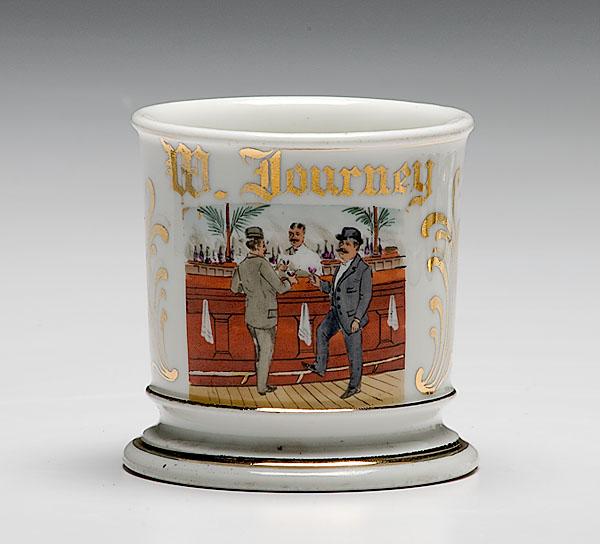 Appraisal: BARTENDER OCCUPATIONAL SHAVING MUG porcelain with polychrome painted scene of