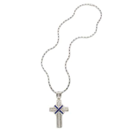 Appraisal: Simulated Diamond and Sapphire Cross Pendant and Chain Estimate -