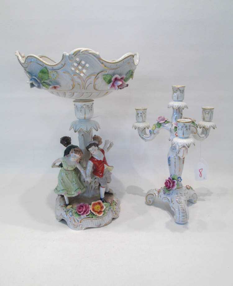 Appraisal: DRESDEN PORCELAIN PEDESTAL BOWL AND CANDELABRUM the pedestal bowl depicting