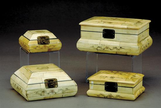 Appraisal: Four etched bone boxes square and rectangular forms decorated with