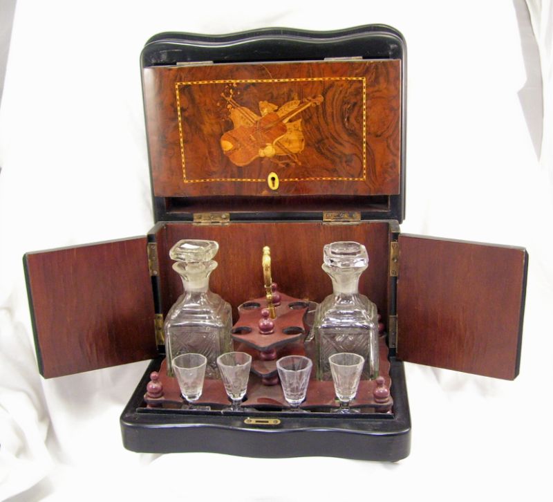 Appraisal: Boxed Decanter Set Beautiful walnut and ebony inlayed decanter box