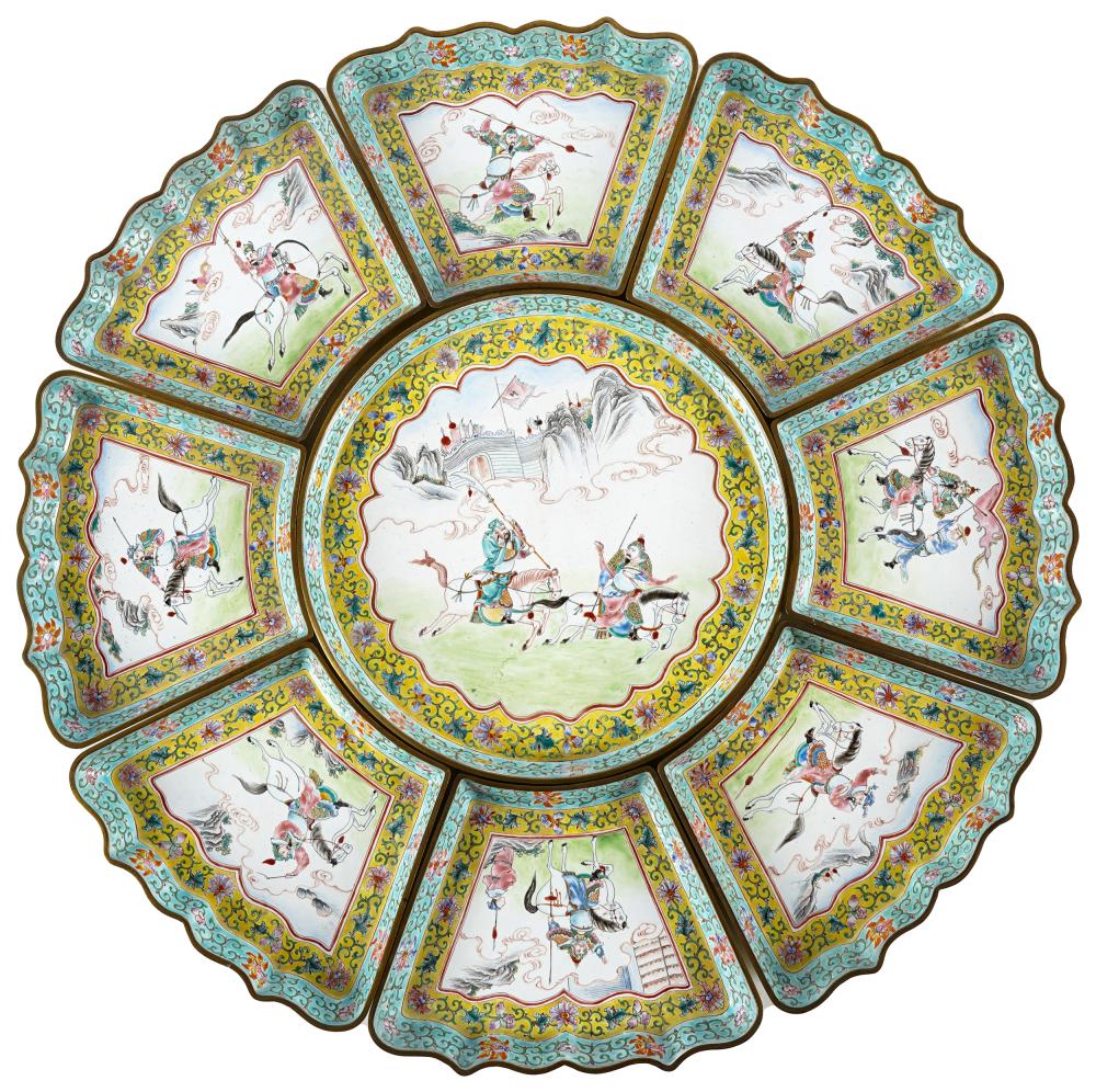 Appraisal: CANTON ENAMELED METAL SWEET MEAT SETunsigned comprising eight fan-shaped dishes