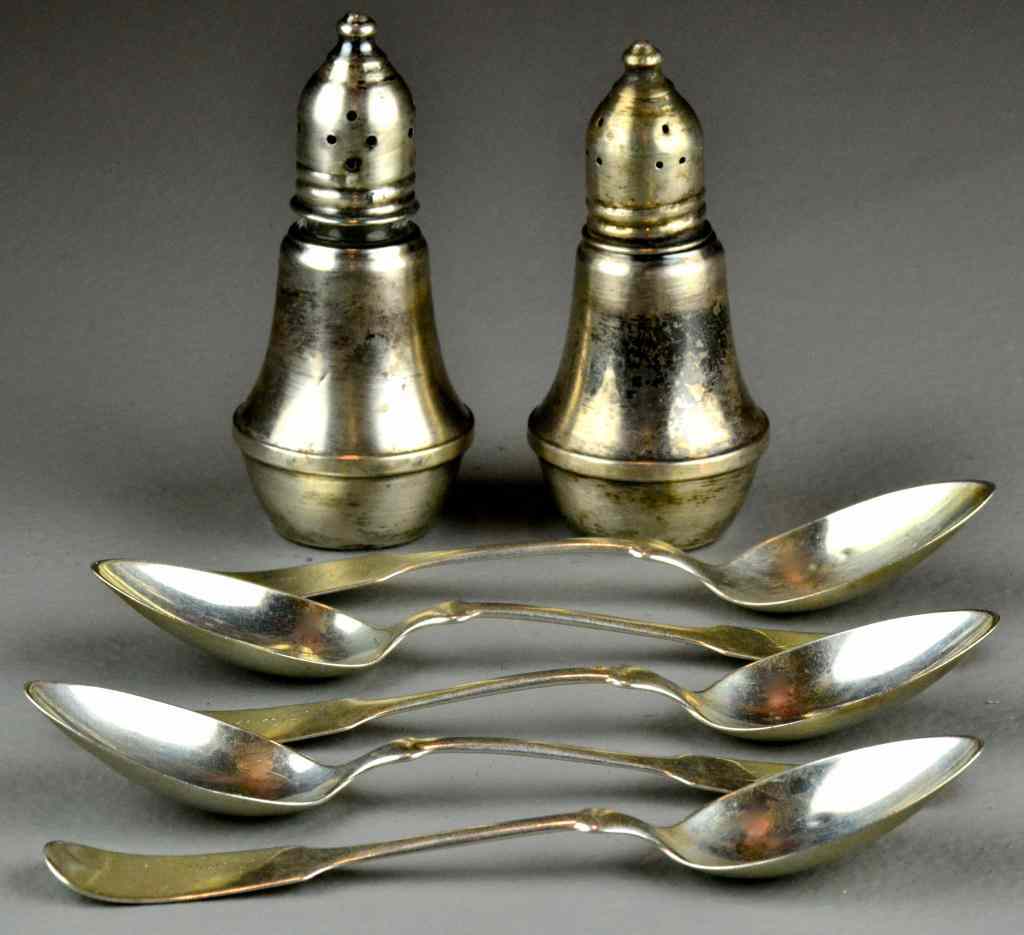 Appraisal: Pieces Sterling Silver Spoons ShakersTo include fiddle back sterling silver