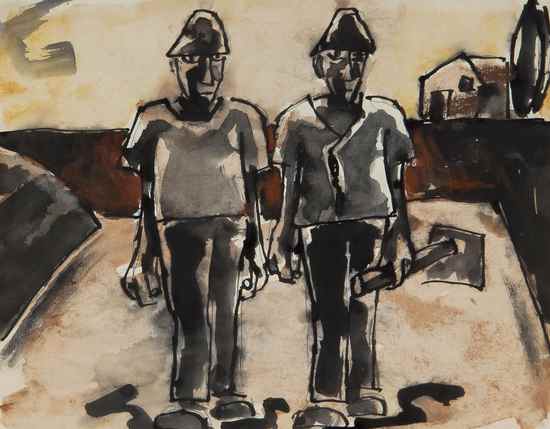 Appraisal: Josef Herman - Pioneers watercolour over black pen and ink