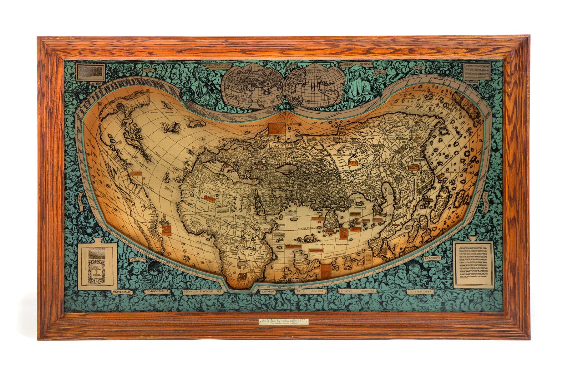 Appraisal: FRAMED BRASS MAP OF THE WORLD Twentieth century Wood framed