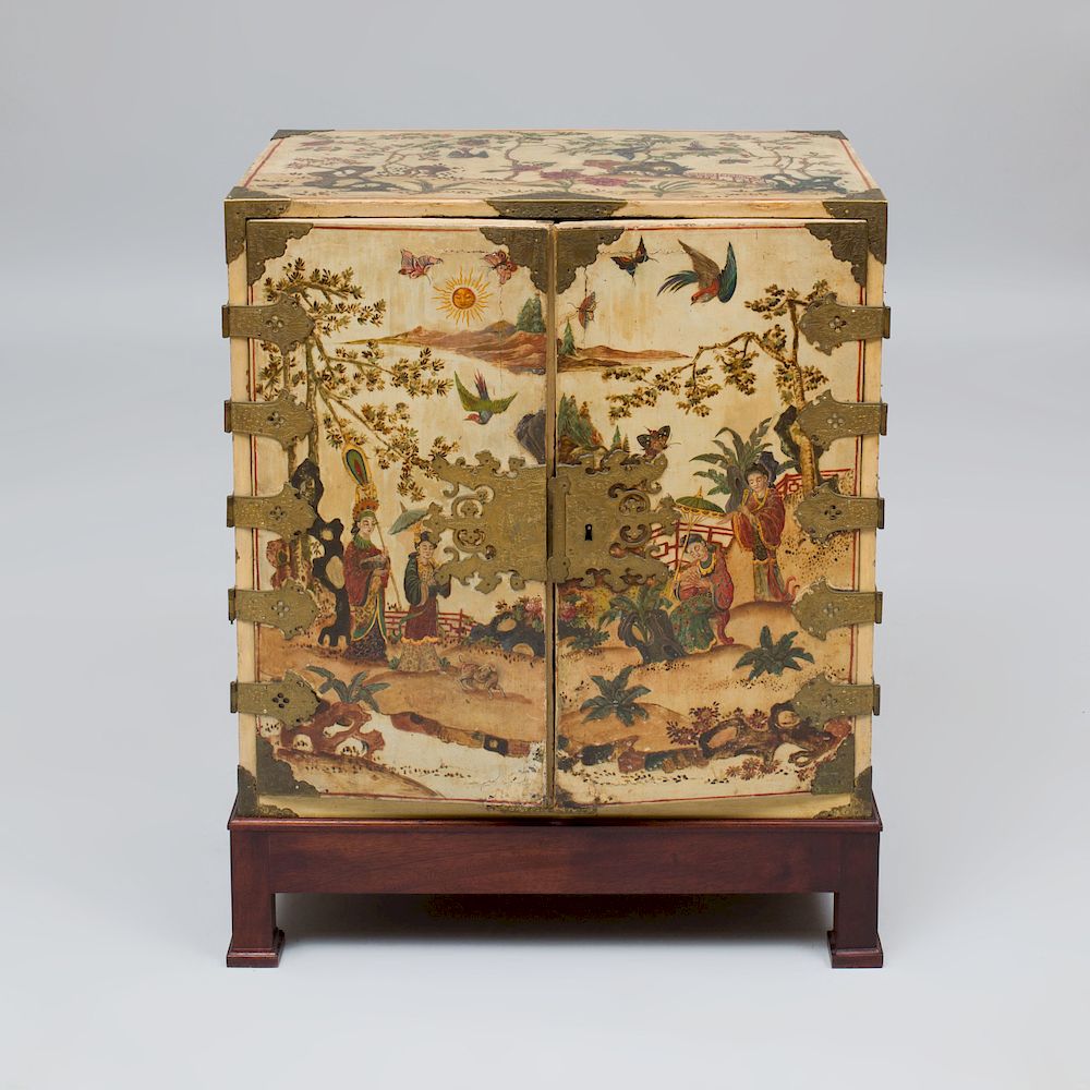 Appraisal: Chinese Brass-Mounted White and Polychrome Lacquer Cabinet On a later