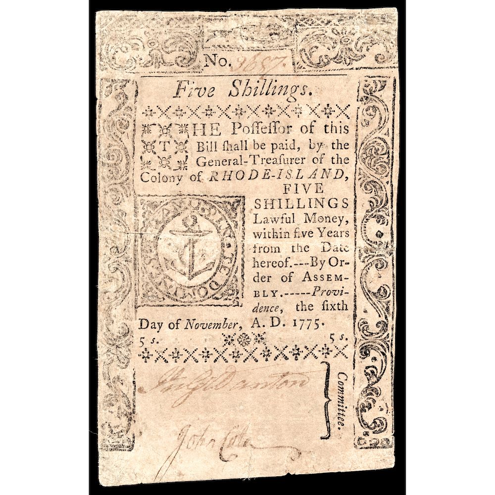 Appraisal: Colonial Currency RI November Five Shillings Extremely Fine Rhode Island