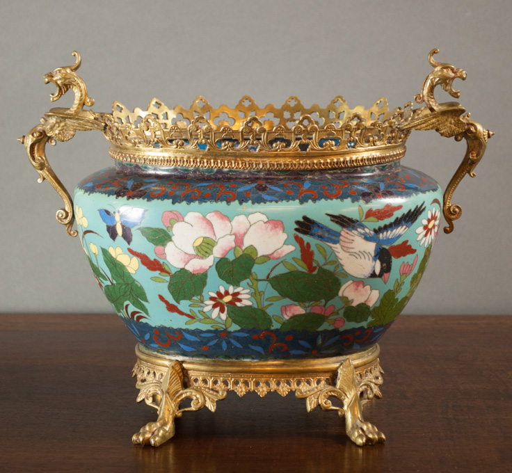 Appraisal: JAPANESE ORMOLU MOUNTED CLOISONNE CACHEPOT the cloisonne body having bird