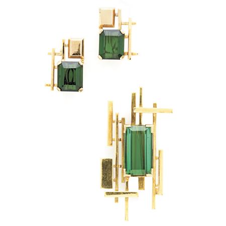 Appraisal: Gold and Tourmaline Clip-Brooch and Pair of Earrings Estimate -