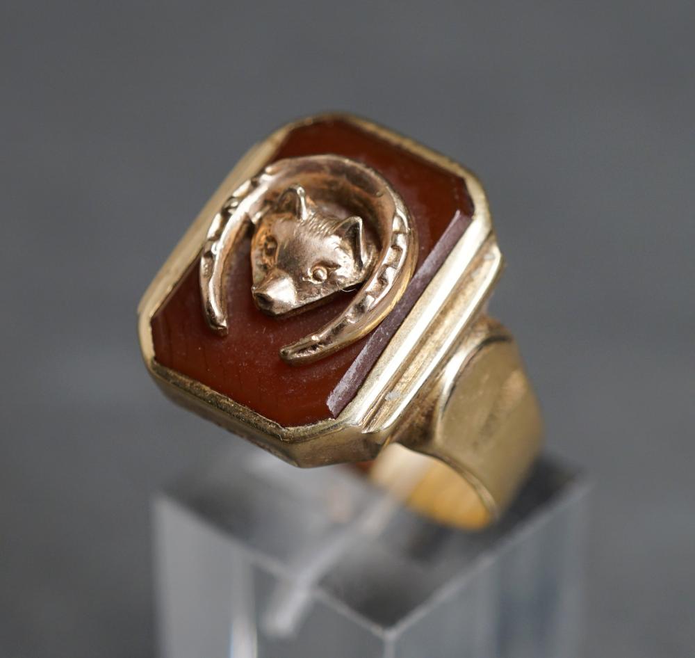 Appraisal: -Karat Yellow-Gold Carved Carnelian Fox and Horseshoe Motif Ring dwt