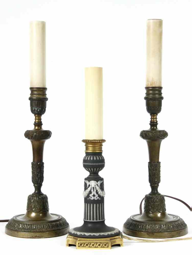 Appraisal: LAMPS - Pair of French bronze candle sticks wired as