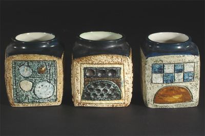 Appraisal: Three Troika Pottery Marmalade vases painted in colours painted marks