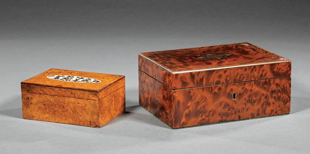 Appraisal: Two Antique English Burlwood Boxes one with figural inlay other