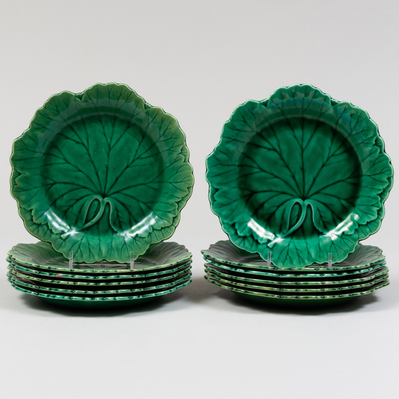 Appraisal: Twelve Wedgwood Majolica Leaf Plates Impressed mark in diam Condition