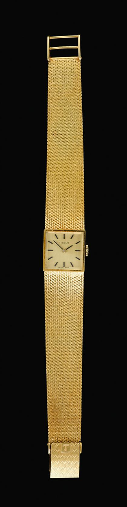 Appraisal: karat yellow gold wristwatch Tissot Brushed square faced wristwatch with