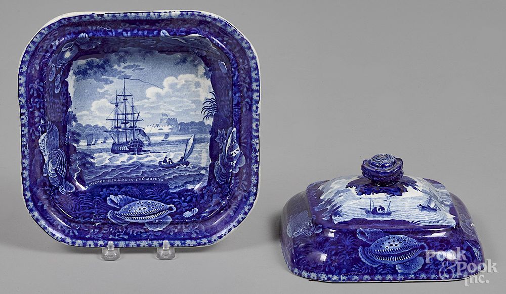 Appraisal: Historical blue Staffordshire covered vegetable Historical blue Staffordshire A Ship