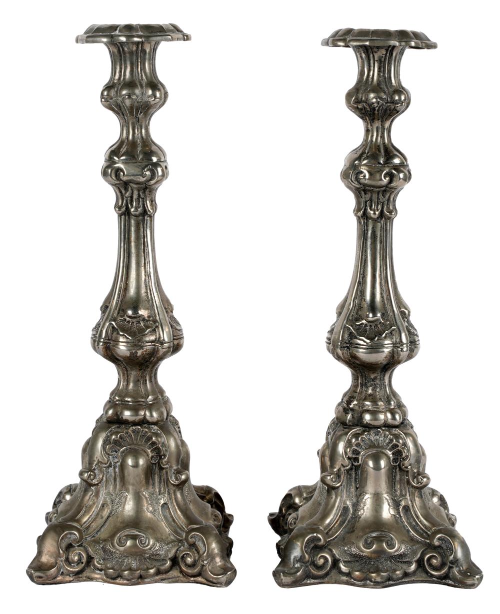 Appraisal: PAIR OF PORTUGUESE-STYLE SILVERED METAL CANDLESTICKSunmarked inches high Condition