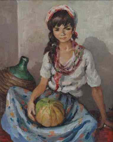 Appraisal: DYF Marcel Oil on Canvas of Girl with Melon Signed