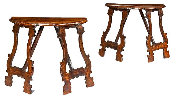 Appraisal: A pair of Italian Baroque walnut console tables late th