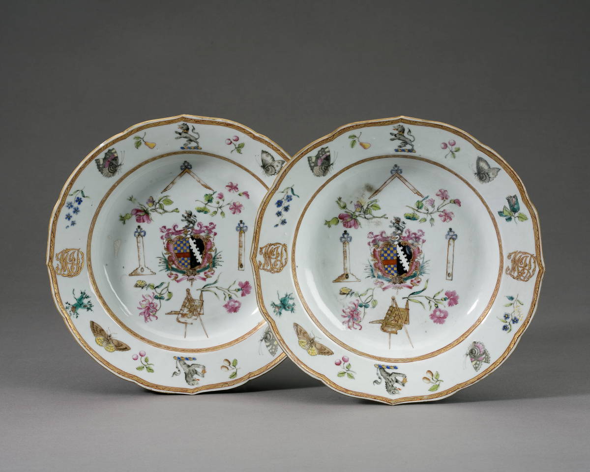 Appraisal: PAIR OF CHINESE EXPORT PORCELAIN ARMORIAL AND MASONIC SOUP PLATES