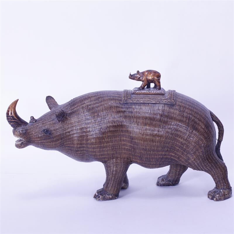 Appraisal: Southeast Asian Weaved Rhino Vessel with carved wooden rhino for