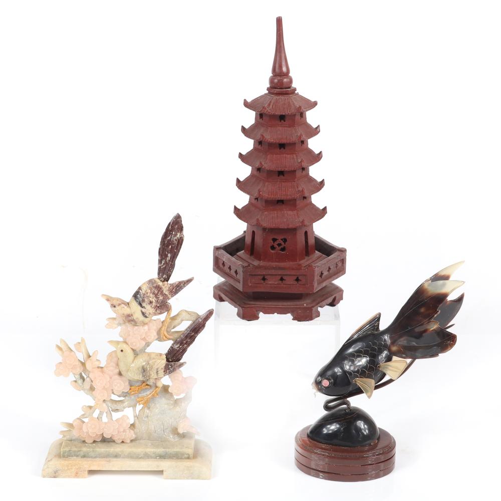 Appraisal: ASIAN JAPANESE CARVINGS PC SOAPSTONE PAGODA AND BIRD ON BRANCH