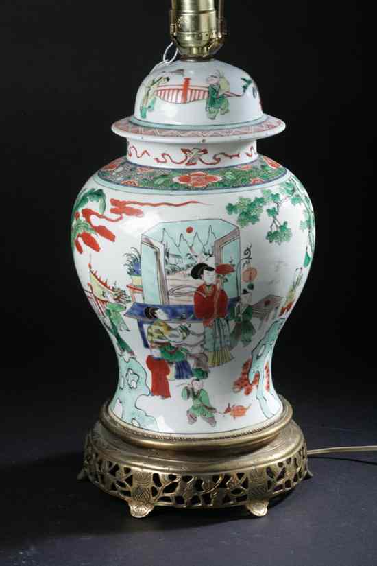 Appraisal: CHINESE FAMILLE VERTE PORCELAIN COVERED JAR th century Mounted as