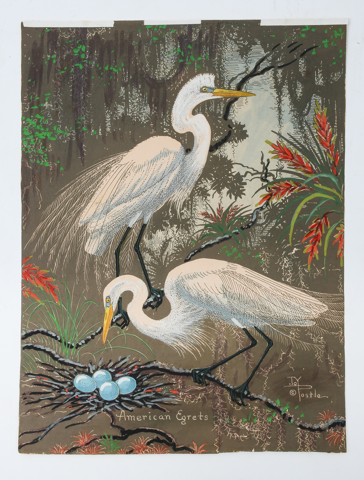 Appraisal: POSTLE Joy American - American Egrets Mixed Media '' x