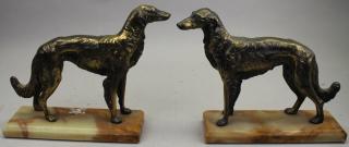 Appraisal: Pair Antique Bronze Dogs on Onyx Base Pair Antique Bronze