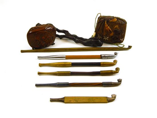 Appraisal: ASIAN th C Japanese smoking accessories eight pieces six tobacco