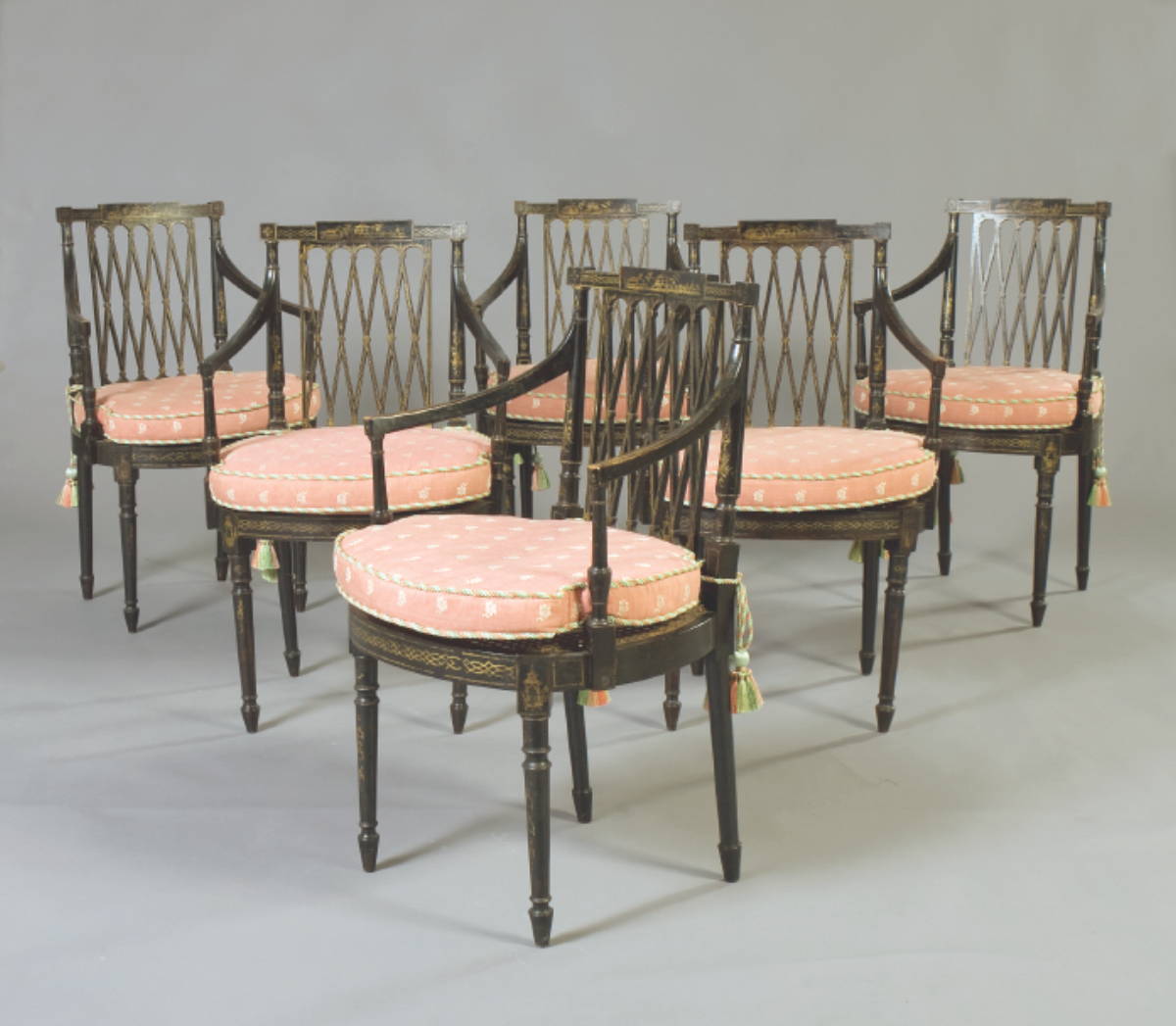 Appraisal: SET OF SIX ENGLISH REGENCY BLACK PAINTED ARMCHAIRS WITH CHINOISERIE