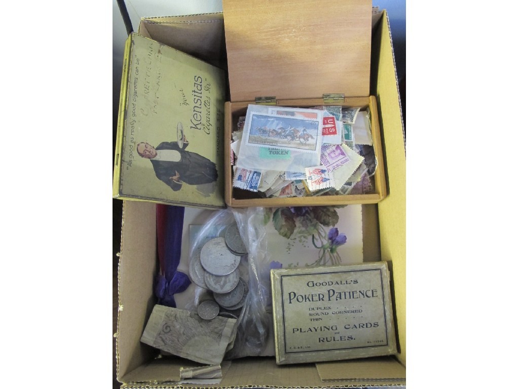 Appraisal: Box of cigarette cards greeting cards coins etc