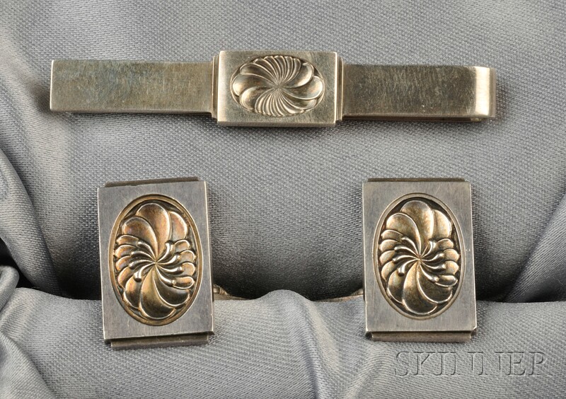 Appraisal: Sterling Silver Cuff Links and Tie Bar Georg Jensen designed