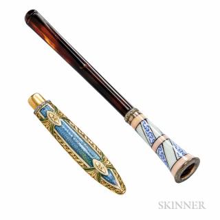 Appraisal: Two Antique Enamel Items a cigarette holder with platinum and