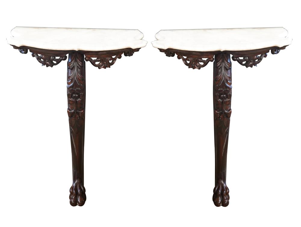 Appraisal: PAIR OF MARBLE CARVED WOOD CONSOLES th century each with