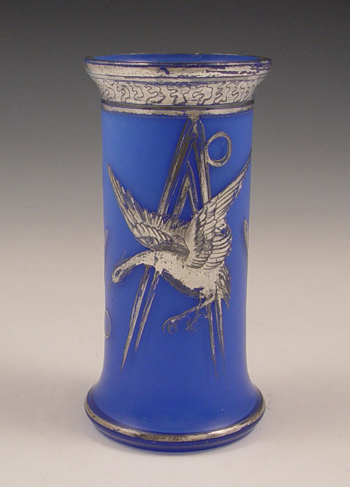 Appraisal: AUSTRIAN SILVER OVERLAY ART GLASS VASE Blue satin glass overlay