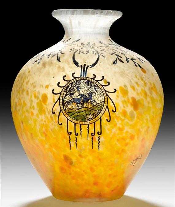 Appraisal: LEGRAS VASE circa Enamelled white glass with yellow powdered glass