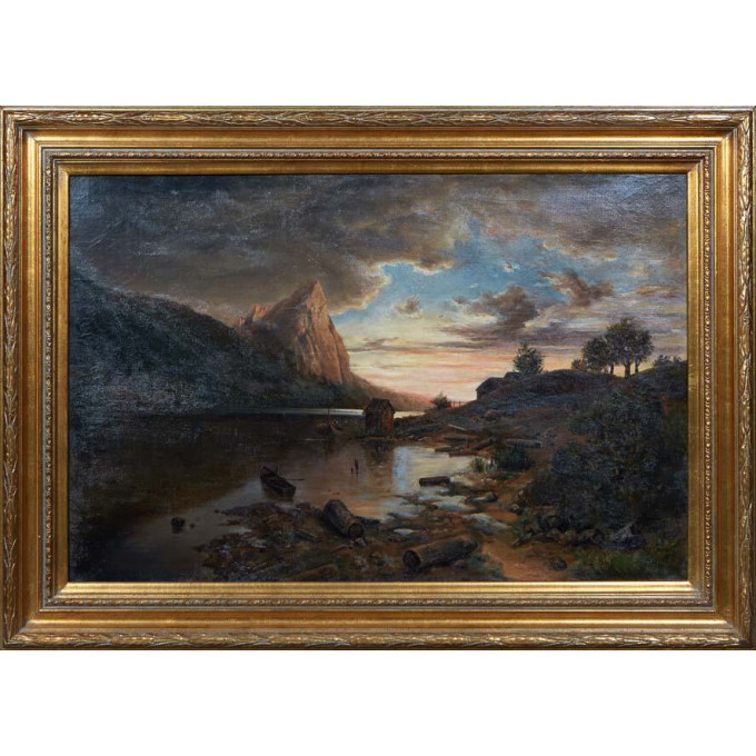 Appraisal: Continental School Landscape View with a Small Fishing Cabin th