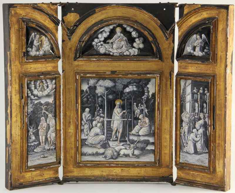 Appraisal: Important Limoges Triptych Panelearly th century Limoges enamel over copper