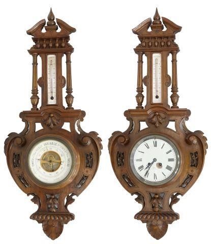 Appraisal: lot of French Henri II style walnut wall-mounted barometer and