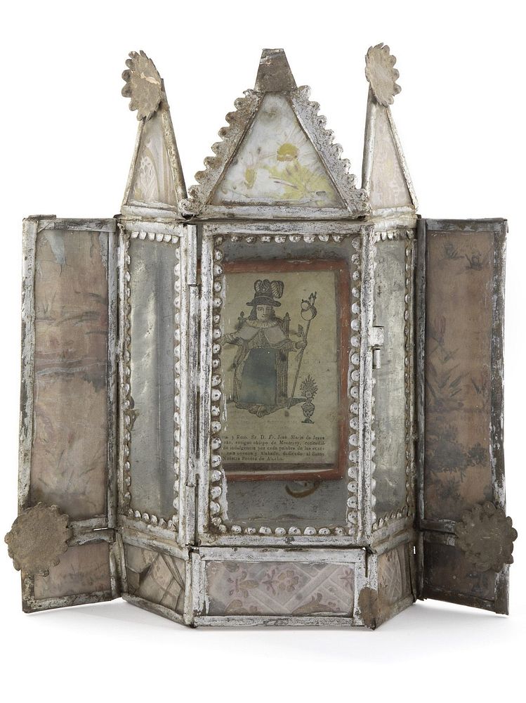 Appraisal: Tin Nicho with Devotional Print Attributed to Rio Arriba Tinsmith